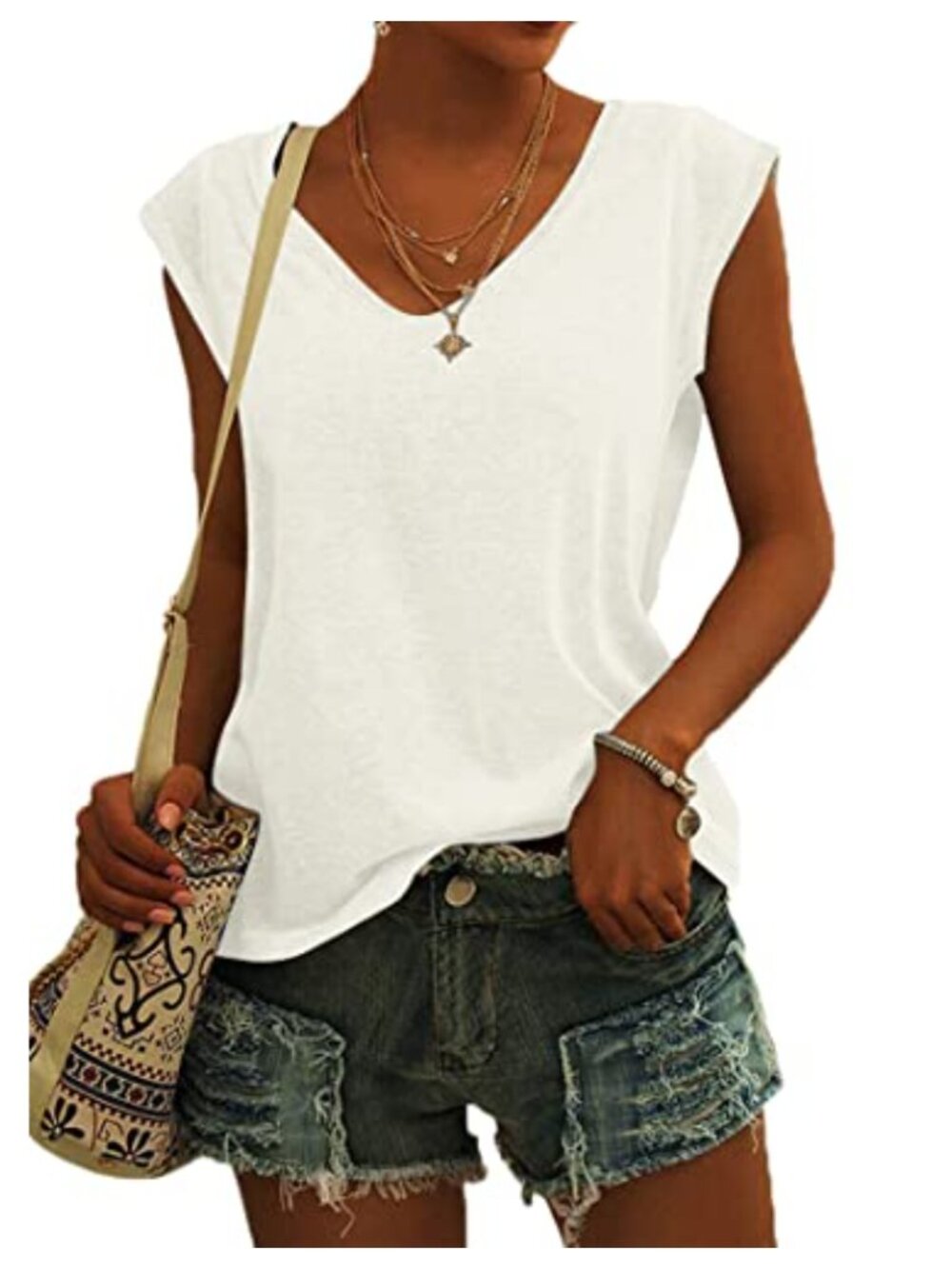 Womens Summer Cap Sleeve V-Neck Loose Fit Tank Top Casual Tee